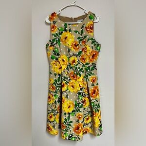New York & Company Beige Dress with Yellow and Green Floral Print